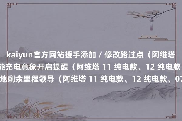 kaiyun官方网站援手添加 / 修改路过点(阿维塔 11、12、07)新增智能充电意象开启提醒(阿维塔 11 纯电款、12 纯电款、07 纯电款)新增规画地剩余里程领导(阿维塔 11 纯电款、12 纯电款、07 纯电款)新增车标指南针(阿维塔 11 纯电款、12、07)车机体验新增带娃气象(阿维塔 12 Max 增程版)新增腾讯视频界面高低滑动(阿维塔 12 Max 增程版)-KY体育·(中国)官方网站网页版/登录入口/app下载